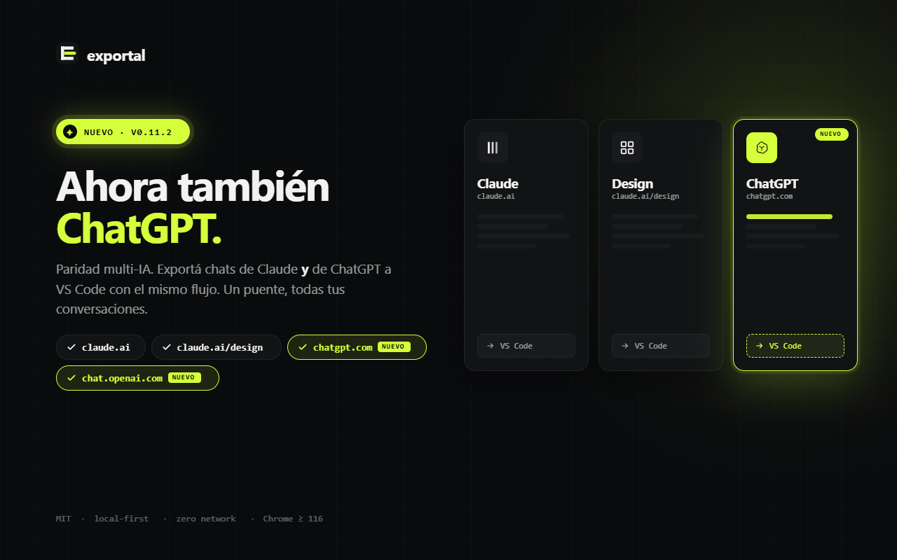 Exportal supports Claude.ai, Claude Design, and ChatGPT